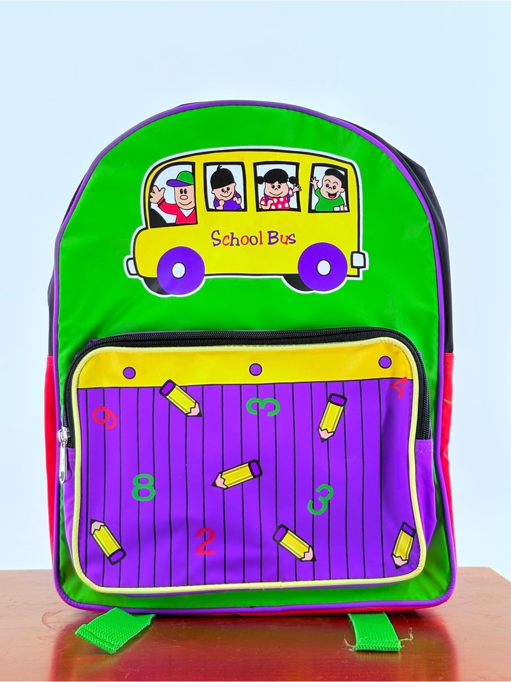 School Bus Kids Backpack - Green, Purple, Yellow